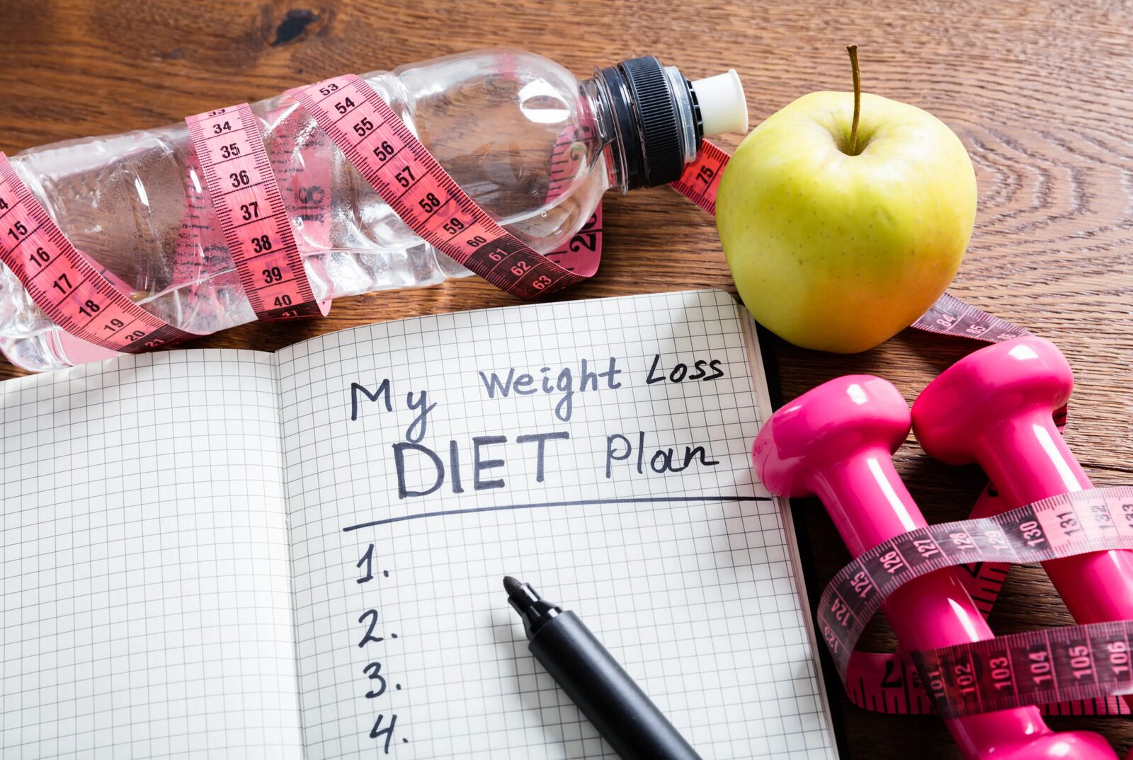 A handwritten weight-management plan open in a notebook